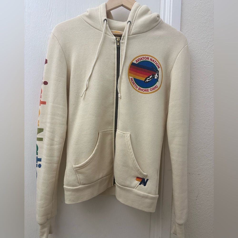 Aviator Nation Beige Hoodie with Colorful Logo